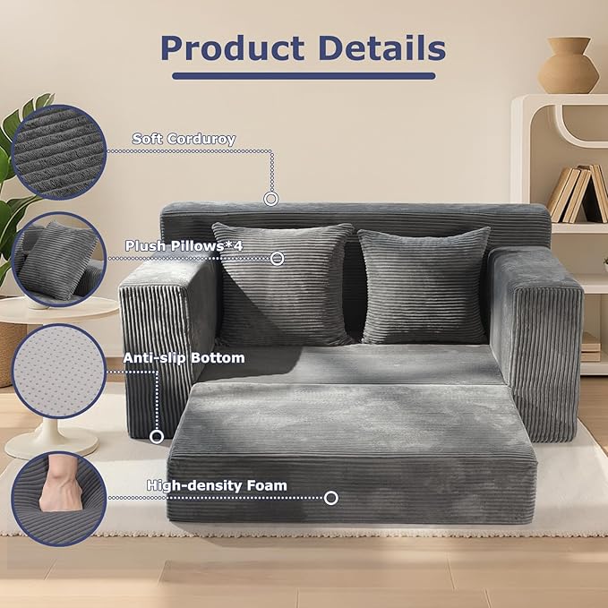 Convertible Sofa Bed Boneless Couch Loveseat Sleeper 2 in 1 Folding Couch Bed Fold Out Comfy Floor Futon Sofa with Pillows for Living Room Bedroom Grey