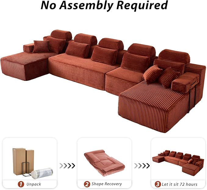 171″ Cloud Modular Sectional Sofa U Shaped Boneless Couch with Reversible Chaise Sectional Couches for Living Room Corduroy Oversized Couch in a Box No Assembly Required Orange