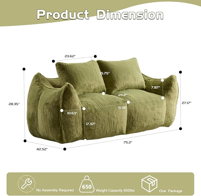 Compressed Sofa Couch in a Box 75” Beige Plush Floor Sofa Couch with Memory Foam for Bedroom Apartment Comfy Upholstered Foam Loveseat with Curved Armrest No Assembly (Green)
