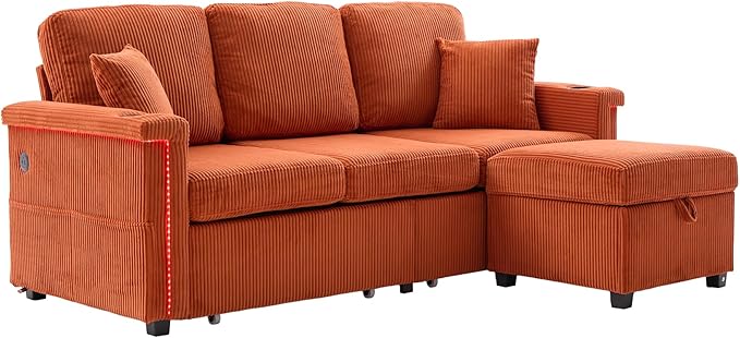 L Shaped Sectional Sofa with Storage &amp Movable Ottoman 76 Corduroy 3 Seater Sectional Couch with USB Charging Cup Holder &amp LED Light Couches for Living Room Orange