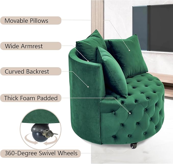 LLS Swivel Barrel Chair Velvet Accent Barrel Chair with 3 Pillows and 4 Wheels 360 Degree Sofa Chair Modern Button Tufted Upholstered Accent Chair for Living Room Bedroom Green