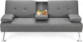 Giantex Modern Convertible Futon Sofa Bed Linen Upholstered Sofa Sleeper w/Metal Leg Removable Armrests 2 Cup Holders Backrest Adjustable Folding Sofa Bed for Apartment (Light Gray)