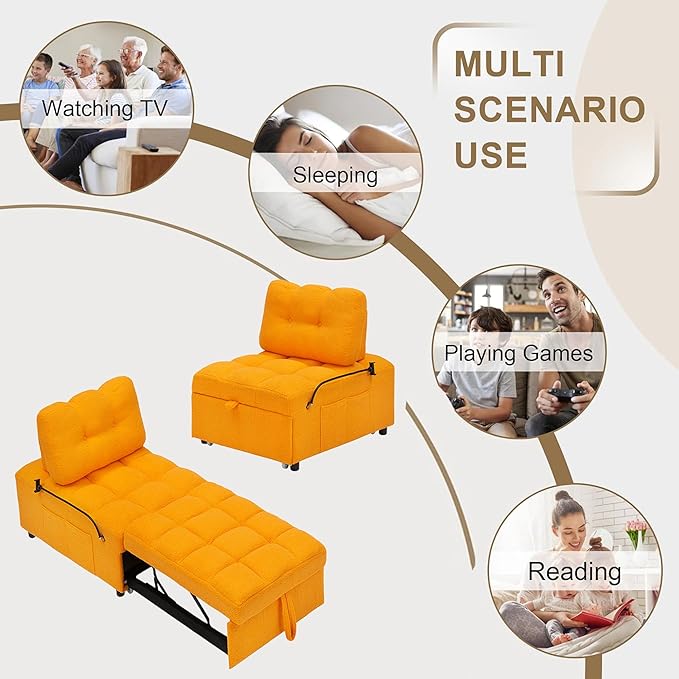 Modern Teddy Fabric Sofa Bed Futon3 in 1 Convertible Pullout Bed Couches with 3 Reclining BackrestsPhone StandSmall Sofa Single Sleeper Chair Bed for Living Room Bedroom (Orange)