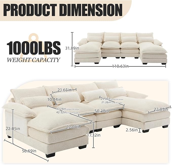 110'' U-Shaped Sectional Couch Modern Chenille Extra Large Modular Sofa with 4 Cushions Memory Foam Funiture Set with Double Lounger for Living Room Office Reception Room Beige