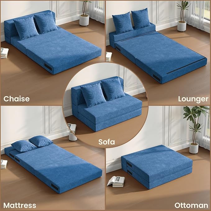 5-in-1 Convertible Folding Sofa Bed - Sleeper Chair with Pillows Fold Out Chair Bed Futon Couch Foldable Floor Mattress for Living Room/Dorm/Guest Use/Home Office/Apartment Twin Navy Blue
