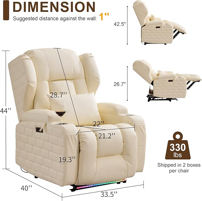 DRMBOOK Power Recliner Chair with 3-Sided Wrap Around LED Electric Wall Hugger Reclining Sofa with Massage &amp Heat Overstuffed Theater Seating with Cup Holders/USB Port (Upgraded Beige 1 Chair)