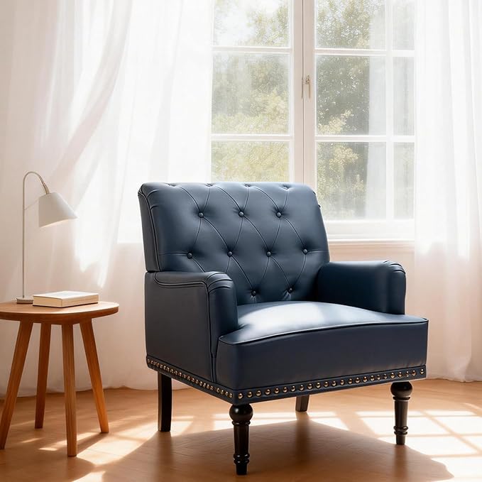 MOJAY PU Leather Accent Chair Mid-Century Armchair Living Room Sofa Chair with Rubber Wood Leg Club Chair with Rivet Trim for Bedroom Reading Room Reception (DarkBlue)