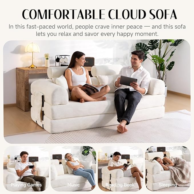Upgrade Sofa Bed Convertible Boneless Couch for Small Spaces with High Backrest Design Fixed-Shape Frame &amp Removable Armrests and Backrest 2 Corduroy Pillow No Assembly Beige