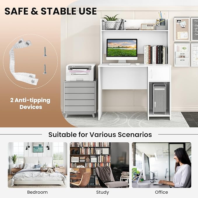 Tangkula Computer Desk with Hutch Home Office Desk with Raised Display Shelf &amp 2 Open Shelves Cabinet with Door Cable Management Holes Modern Laptop PC Desk Study Writing Desk for Bedroom