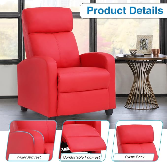 Recliner Chair Living Room Chair PU Leather Reclining Sofa Lounge Home Theater Seating with Lumbar Support Overstuffed High-Density Sponge Push Back Recliners Armchair for Living Room Red
