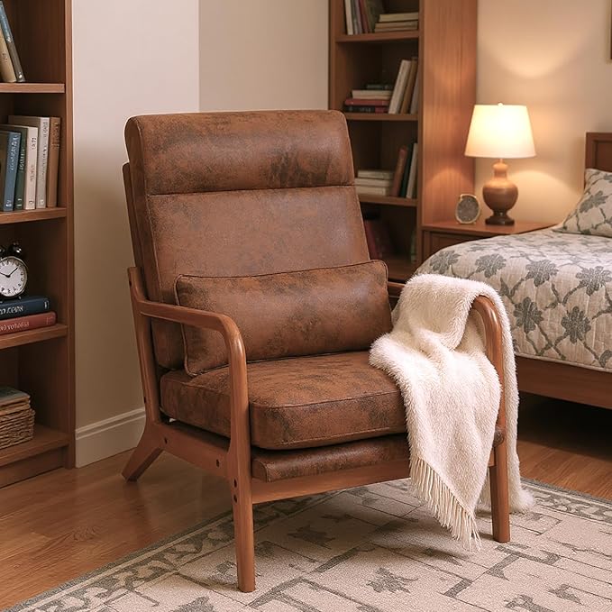 JOYBASE Lounge Accent Chair Mid Century Modern Chair High Back Chair Wood Frame Armchair Comfy Reading Chair for Living Room Office Bedroom (Coffee Brown Bronzing Cloth)