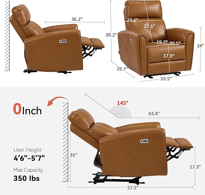 MCombo Power Small Recliners for Small Spaces Living Room RVs Modern Style Zero Wall Hugger Recliners Chair with Lumbar Support USB&ampCharging Ports FSC Certified Faux Leather PR699 (Cognac Br