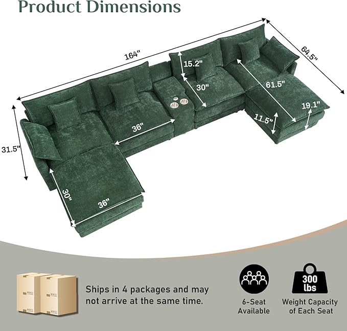 163 Oversized Modular Sectional Sofa U Shaped Cloud Couch Modern 6 Seat Sofa Set for Living Room Comfy Chenille Deep Seat with Storage Central Console Movable Ottomans Cup Holders USB Ports Green