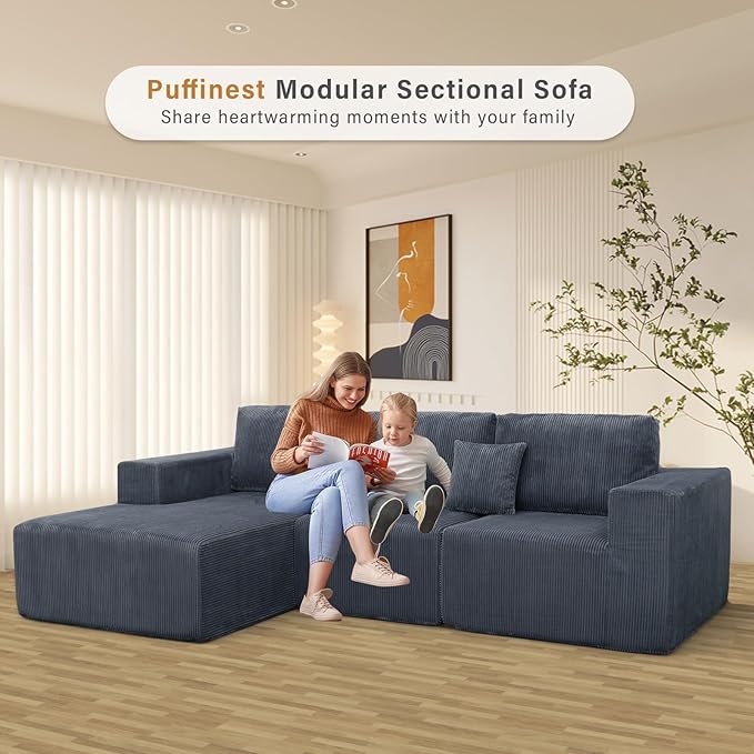 3 Pieces Boneless Couches for Living Room L-Shape Chaise Cloud Couch Modular Sectional Deep Seat 111 Compressed Couches for Living Room Bedroom Plush Corduroy Fabric No Assembly Required Dark Grey