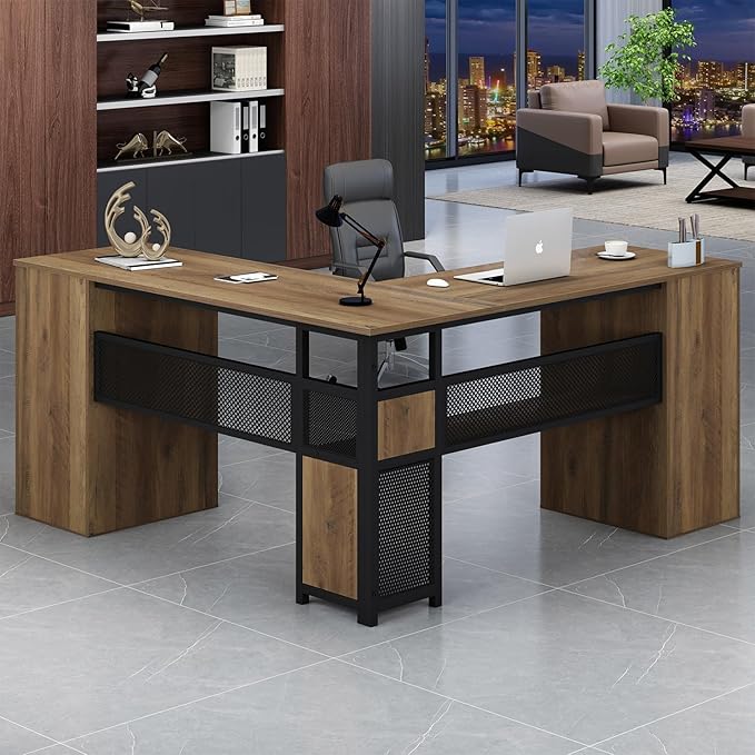 HSH Large L Shaped Home Office Desk with Drawers Rustic L-shaped Computer Desk with Storage File Cabinet Shelves Corner Reversible Metal Wood Executive Work Study Writing Table 59 Inch Bedroom Desk