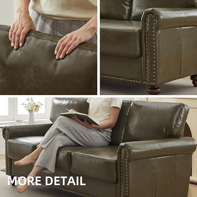 80 Faux Leather Sofa with Storage Mid-Century Modern Rolled Arm Couches for Living Room Furniture Easy Tool-Free Assembly Nailhead Trim(Dark Green)