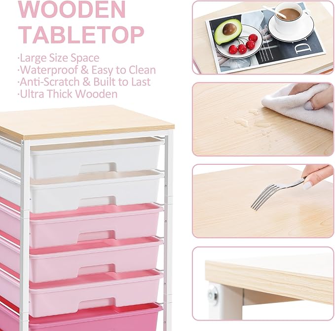 Rolling Cart with DrawersStorage Cart with 8 Drawers and Wooden TabletopUtility Cart for Living RoomClassroom BedroomBathroomDormOfficeRose Pink