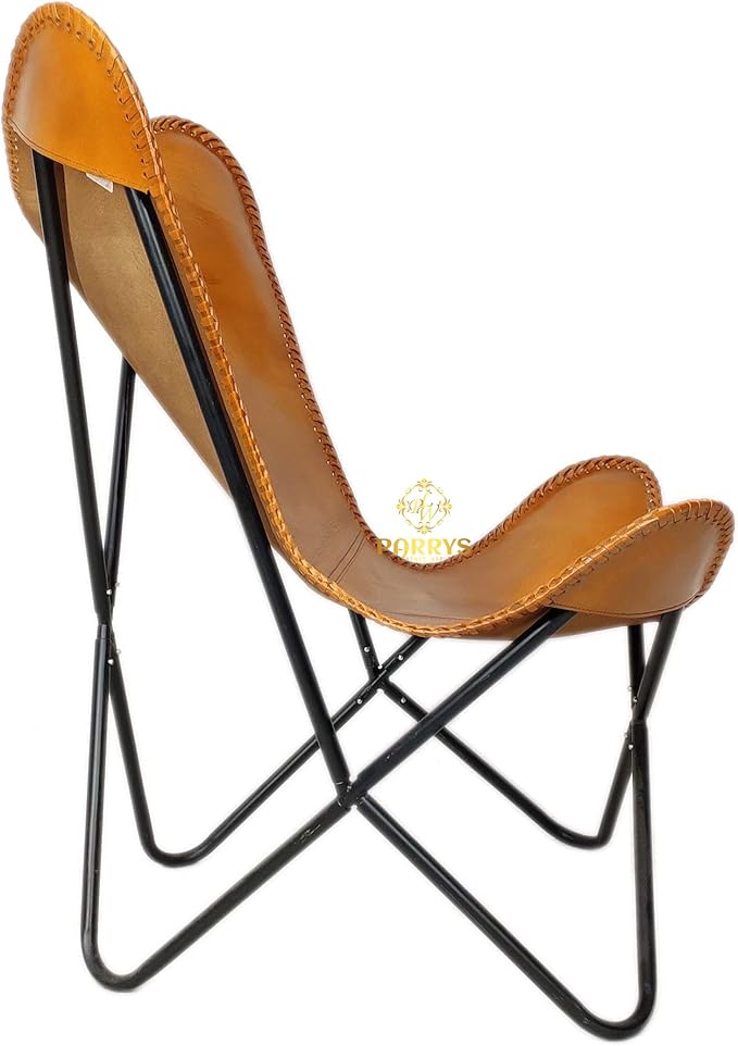 Parry Leather Butterfly Chair for Living Room - Handcrafted Brown Buffalo Leather Foldable Powder Coated Iron Frame Relaxing Chair for Home Decor Lounge Accent Outdoor Indoor