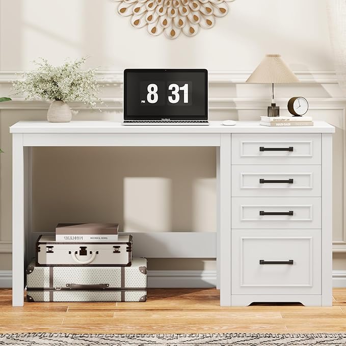 Vabches Farmhouse 49” Executive Desk with File Drawer 4 Drawers Reversible Computer Desk with Storage Rustic Home Writing Workstation for Home Office Cream White