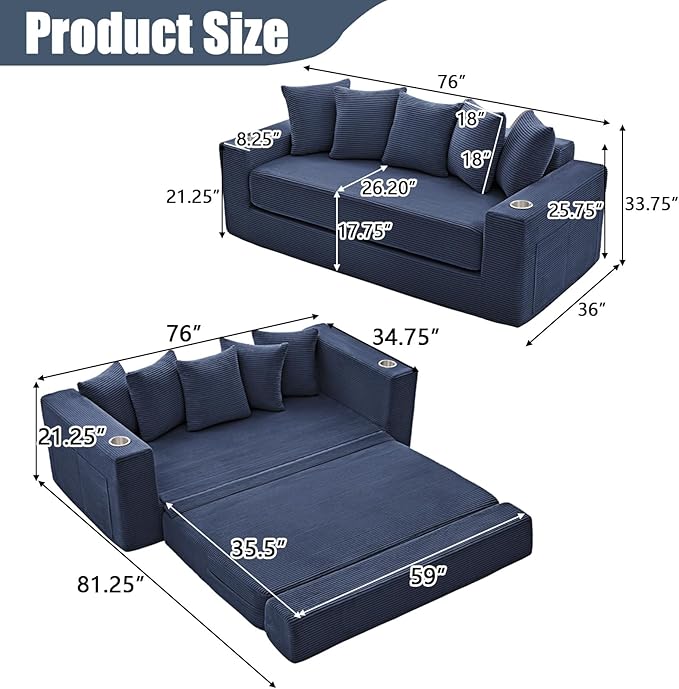 Anwick 2-in-1 Convertible Sleeper Sofa Bed Corduroy Boneless Loveseat Cloud Couch for Living Room Compressed Sofa in a Box 5 Pillows Fixed Frames Side Pockets &amp Cup Holders No Assembly (Blue