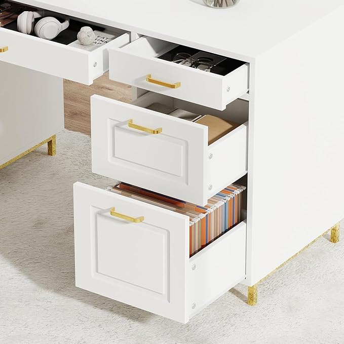 White Desk with 7 Drawers 57 Executive Desk with Storage White and Gold Desk for Bedroom Makeup Vanity Desk with Golden Handle
