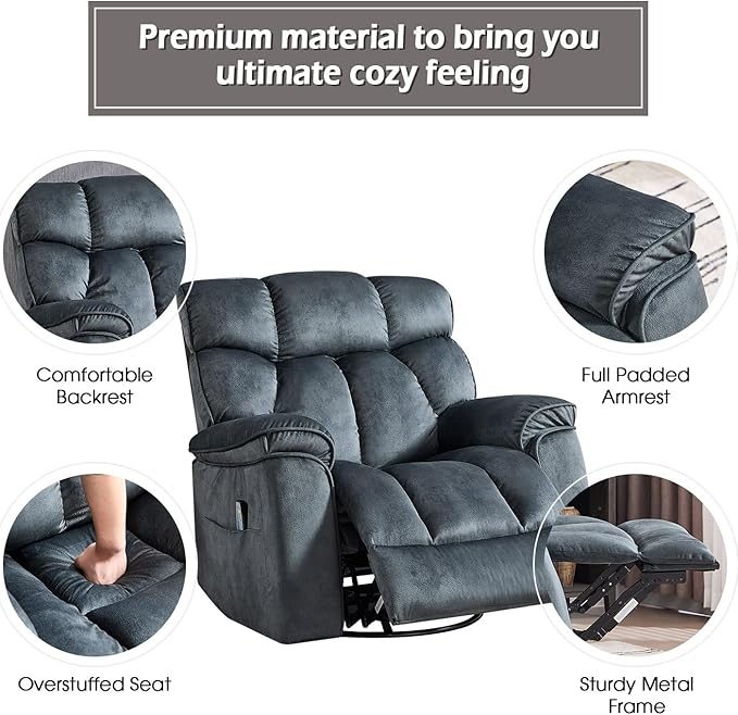 INZOY Oversized Rocker Recliner with Heat and Vibration Manual Swivel Rocking Recliner Chair with Vibrating Massage Comfy Padded Overstuffed Soft Fabric Heated Recliner Grey
