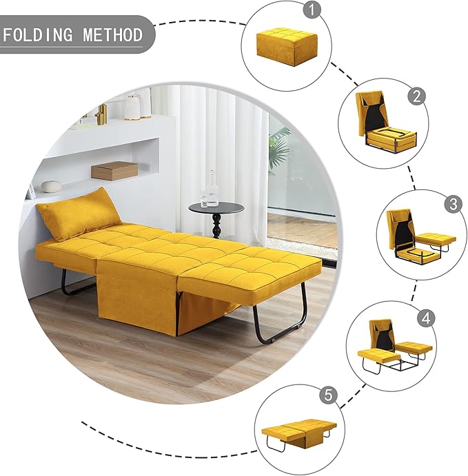 BIGSYY Sofa Bed Set of 4 in 1 Multi-Function Folding Ottoman Breathable Linen Couch Bed with Adjustable Backrest Modern Convertible Chair for Living Room Apartment Office Yellow