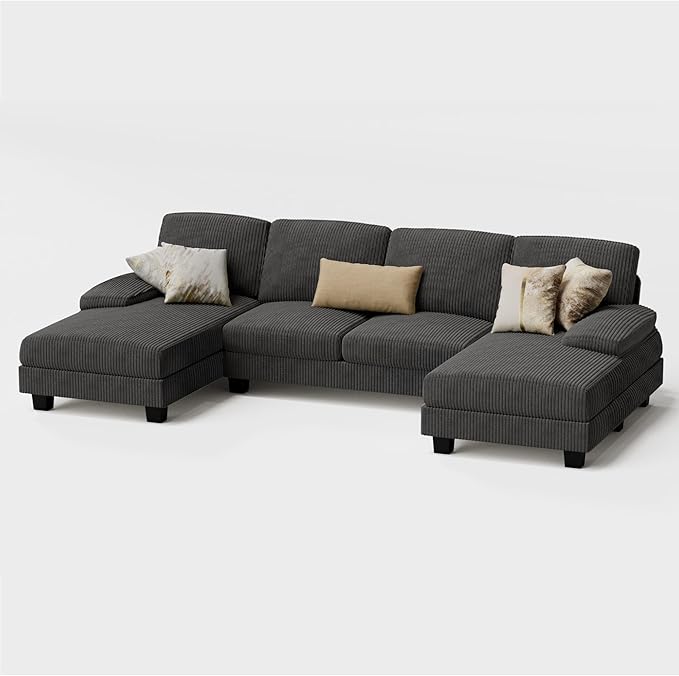 Furmax Sectional Couches for Living Room U-Shaped Sofa Couch with Linen Fabric 4 Seat Sofa Set with Double Chaise for Apartment (Corduroy Dark Grey)