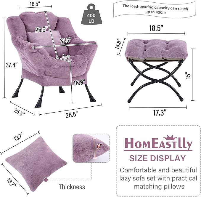 Lazy Chair with Ottoman Reading Chair with a Pillow Leisure Sofa Armchair with Ottoman Large Accent Chair for Bedroom Living Room Dorm Room Plush Purple