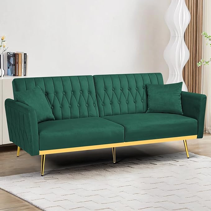 70 Velvet Futon with Adjustable Backrest and Armrests Sofa Bed with Extra Pillows for Waiting Room Living Room and Office Green