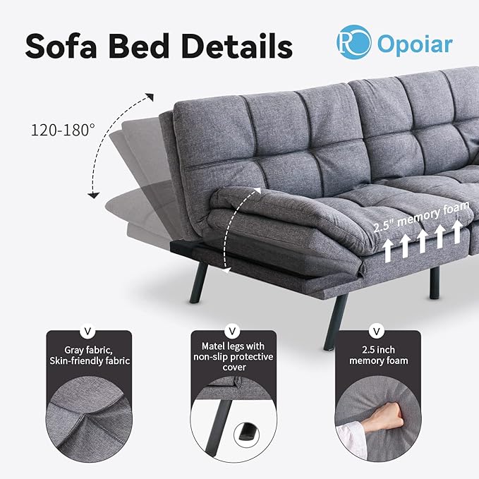 Opoiar Futon Sofa Bed Grey Fabric Memory Foam Leather Futon Split SeatModern Sleeper Love SeatFolding Modern Sleeper Sofa for Small Space/Drom/Office/Apartment