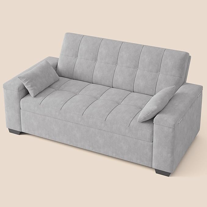Gizoon Convertible Sofa Bed Futon Queen Size Sleeper Loveseat with Pull Out Couch 3 in 1 Plush Fleece Fabric Futon Couch with Side Pockets Storage Armrest &amp Adjustable Backrest for Living Room