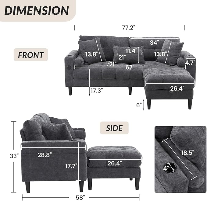 77 Grey L Shaped Couch with Storage Ottoman Chenille Small Sectional Couches with 2 Cup Holders &amp Charging Station for Small Space Comfy Cloud Sectional 3 Seater Couch (Grey)