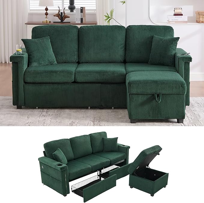 76'' Sectional Sofa Couches for Living Room 3 Seat L-Shaped Couch with Storage &amp Ottoman Corduroy Convertible Sofas with Chaise Apartment with USB Charging Cup Holder (Emerald)