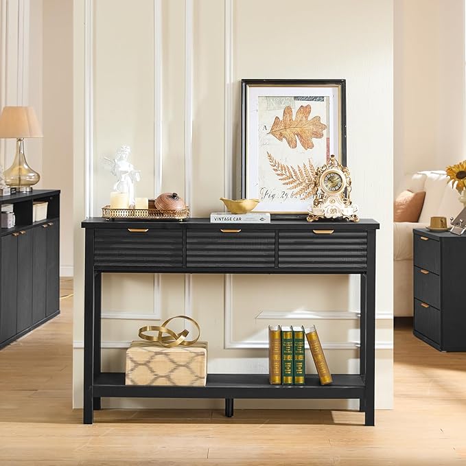 LEYAOYAO Fluted 47.2 Console Table with 3 Drawers Modern Wood 2 Tier Entryway Table with Open Storage Shelf Boho Sofa Entry Tables Behind Couch for Living Room Hallway Entrance Foyer Black Oak