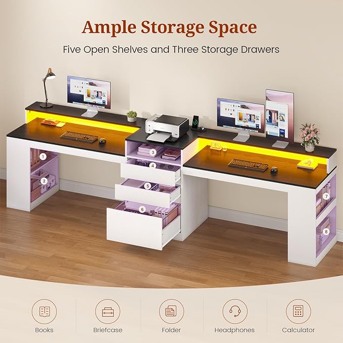 96.6 Long Computer Desk 2 Person Desk with LED Lights &amp Power Outlet Modern Two Person Gaming Desk with File Drawers Monitor Stand Printer Shelf ＆ Storage Double Table for Home Office White