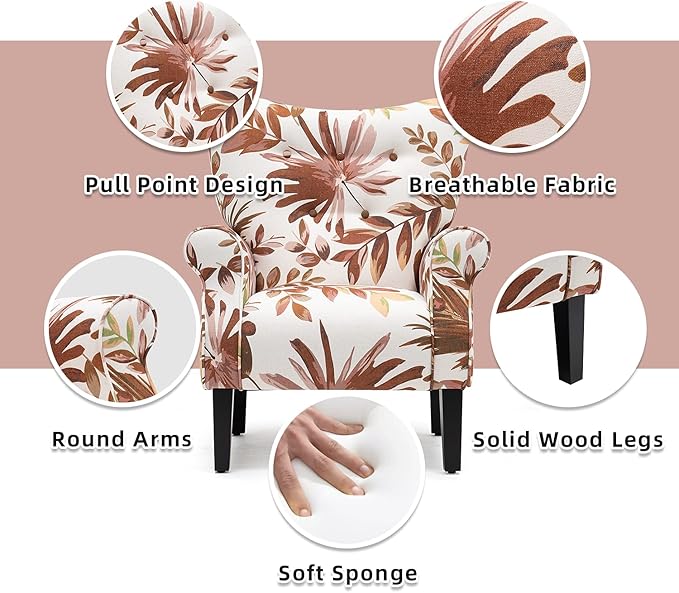 YOLENY Mid Century Wingback Arm ChairModern Upholstered Fabric High Back Accent Chair with Wood LegsUpholstered Single Sofa Club Chair for Living Room Bedroom Home OfficeRed Leaves