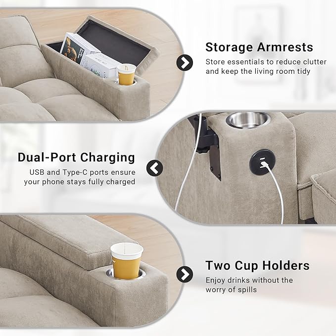 3 in 1 Sofa Bed 65 Inches Convertible Loveseat Sleeper with Side Table Pull Out Couch with 3 Level Adjustable Backrest Chaise Lounge with USB and Type-C Ports for Living Room Khaki