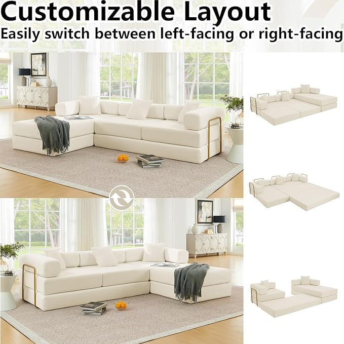 108'' Modular Sectional Sofa Bed Convertible Folding Sofa Bed with Removable Backres Boneless Cloud Couch with Deep Seat Modern Fold-Out Futon Couch Bed for Living Room No Assembly RequiredBeige