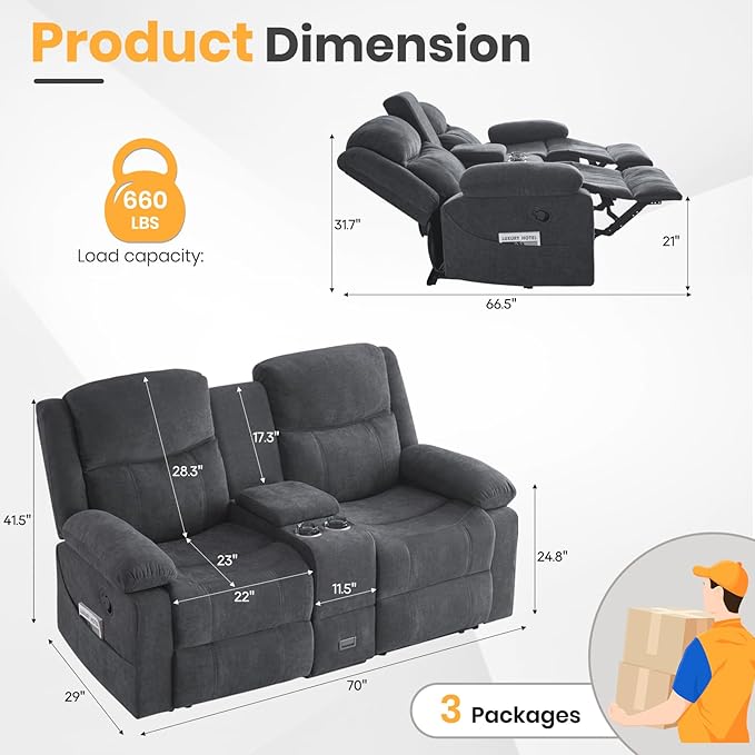 Loveseat Recliner Sofa with Massage &amp Heating Reclining Loveseat with Console RV Wall Hugger Double Loveseat Recliner Couch for Living Room &amp Home Theater (Chenille-Grey)