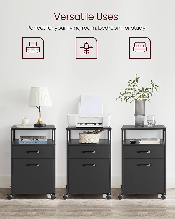 VASAGLE File Cabinet Mobile Filing Cabinet with Wheels 2 Drawers Open Shelf for A4 Letter Size Hanging File Folders Ink Black UOFC071B16
