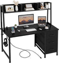 DLisiting Black Computer Desk with Hutch &amp Drawers - Office Desk with 3 Storage Drawers and Power Outlets 47 Inch Modern Study Writing Desk for Bedroom Home Office