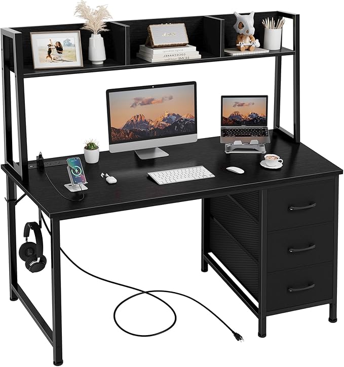 DLisiting Black Computer Desk with Hutch &amp Drawers - Office Desk with 3 Storage Drawers and Power Outlets 47 Inch Modern Study Writing Desk for Bedroom Home Office