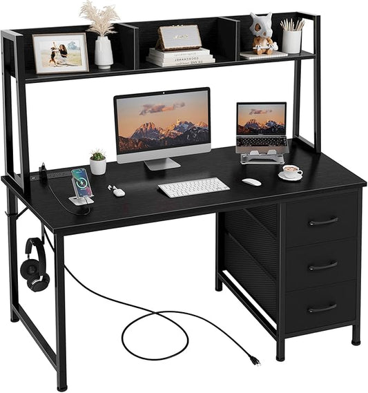 DLisiting Black Computer Desk with Hutch &amp Drawers - Office Desk with 3 Storage Drawers and Power Outlets 47 Inch Modern Study Writing Desk for Bedroom Home Office