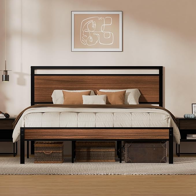 Z-hom King Metal Bed Frame with Wooden Headboard and Footboard Heavy Duty Platform Frame with Metal Slats No Box Spring Needed Quiet and Non-Slip Design Space Saving Bed Frame for BedroomWalnut