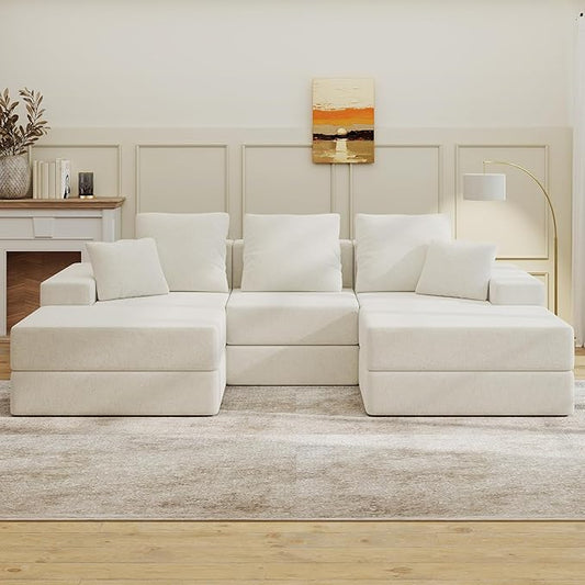 Living&ampGiving 101 U-Shaped Cloud Sectional Couch for Living Room Cloud Boneless Couch-No Assembly with Reversible Chaise Customizable 3-Seat Modular Sectional Sofa with 2 Ottoman Beige