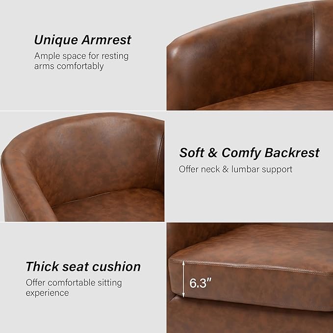 Swivel Barrel Chair Modern Round PU Leather Accent Armchair for Living Room Bedroom Oversized Comfy Club Reading Chairs for Adults (Leather Coffee Set of 1)