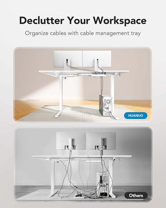 HUANUO L-Shaped Standing Desk 63 x 40 inch Dual Motor Corner Standing Desk Electric Height Adjustable Computer Desk with Cable Tray &amp 3 Preset Heights Raising Desk for Home Office White HNESD