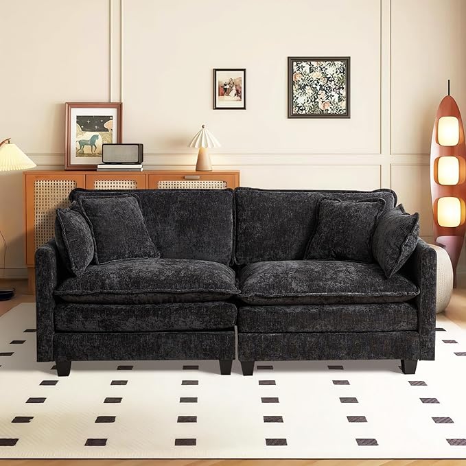 76.7” Modular Sectional Sofa Convertible Couches 2 Seater Chenille Deep Seat Cloud Couch Loveseat with Pillows for Living Room Apartment Office(Black)
