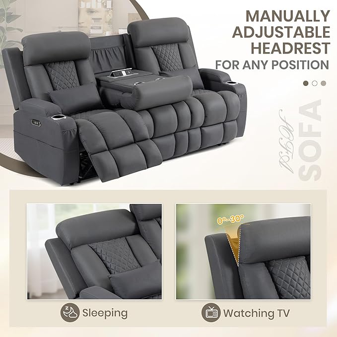 Wall Hugger Power Reclining Sofa with Manual Adjustable Headrests Electric Recliner Couch with Drop-Down Table Power Recliner Sofa 3-Seater with Charging Ports for Living Room (Grey)